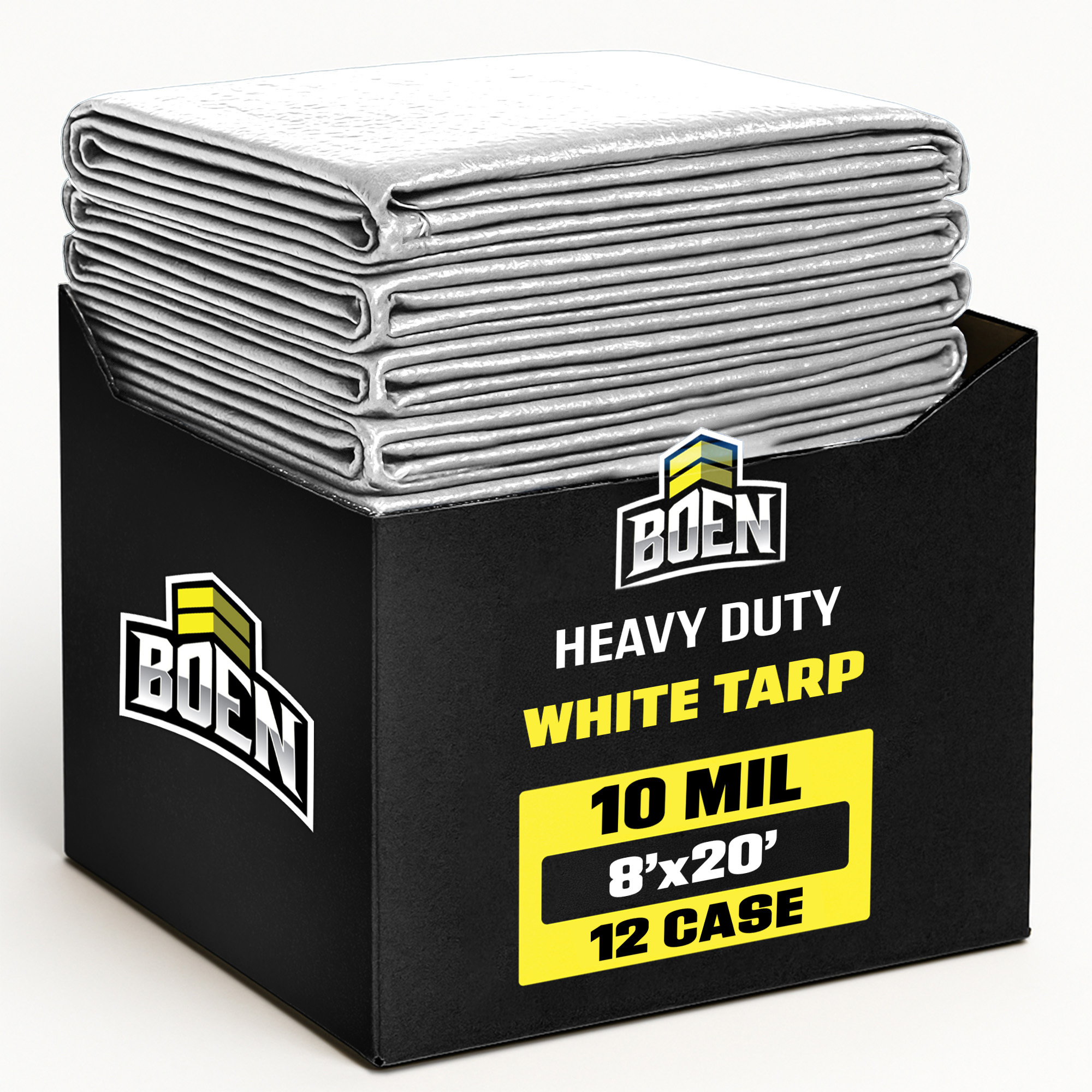 Boen 8 ft x 20 ft White Tarp, 12-Pack, 10 Mil Thick Waterproof Heavy Duty Cover, Rip Proof Tarps, Thick Weave Material, UV Resistant Great for Tarpaulin Canopy Tent, Boat, RV or Pool Cover